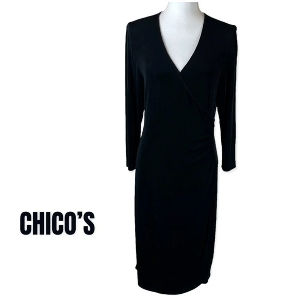 Chico’s Black Faux Wrap No Winkle Traveler’s Dress NWOT